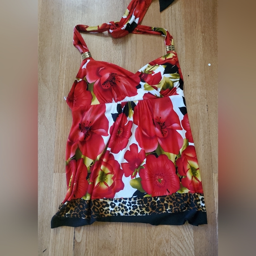 Cache All Over Floral Print Halter Baby Doll Blouse, Size Medium
